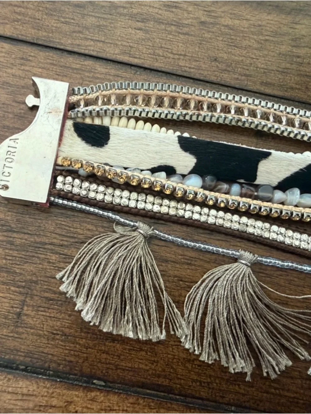 Victoria Emerson Boho Tassel Multi Strand Magnetic Clasp Bracelet Beads Leather